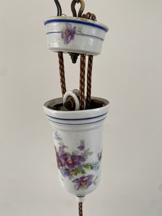 Image 1 of Art Deco - Opaline - messing - hanglamp - pendellamp met katrol - 1e kwart 20e eeuw