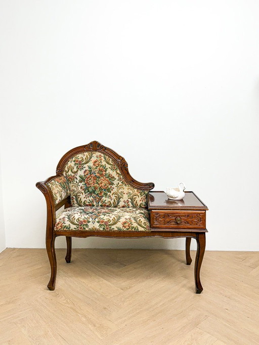 Vintage phone book, gossip bench with flowers