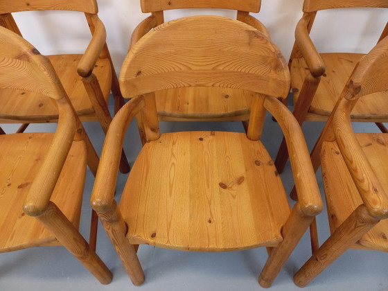 Image 1 of Set van 6 vintage Scandinavische Rainer Daumiller fauteuils van grenenhout uit de jaren 70.