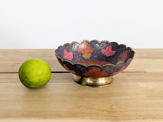 Vintage Brass Peacock Bowl, India Painted Enamel, Scalloped Footed Dish (photo 14 of 14)