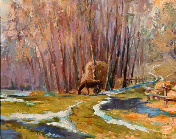 Original Ölgemälde Landschaft Ländlich Dorf Raky. Im Frühling – Gemälde & Zeichnungen, Canvas (photo 6 of 8)