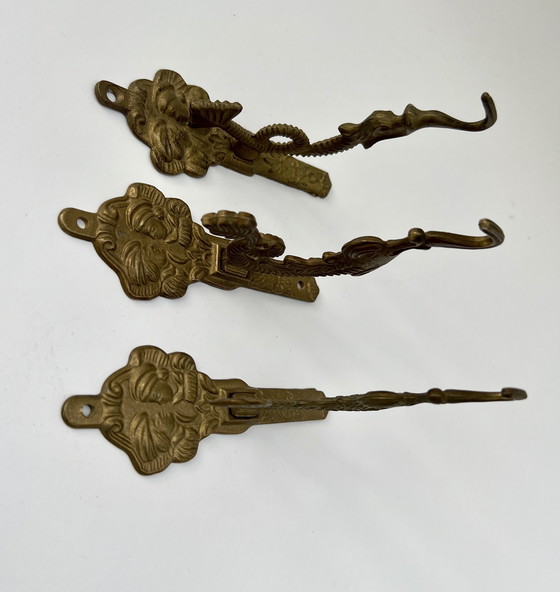 Image 1 of Set of 3 antique wall hooks – brass – Asian/Oriental inspired – circa 1950