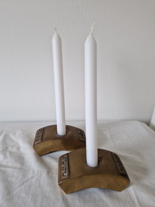 Portacandele brutalisti di metà secolo - Ottone/Bronzo massiccio - Anni '60/'70 (Set di 2) - Design scandinavo