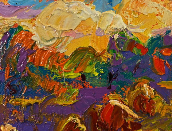 Image 1 of Original Oil Painting Autumn Evening Landscape Light fades in the embrace of silence