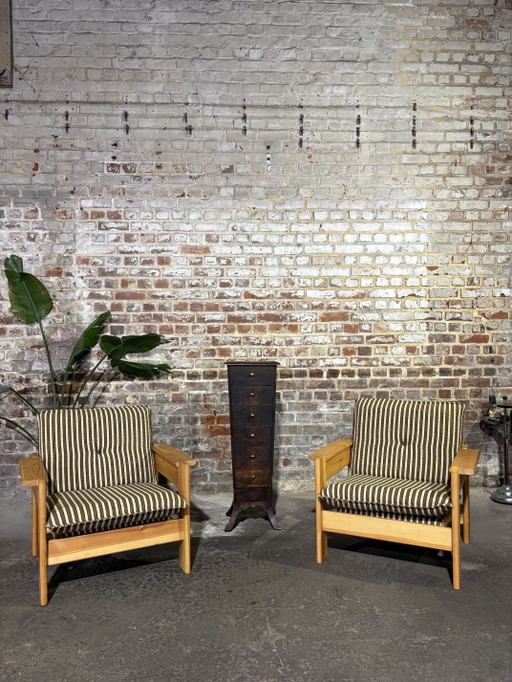 Paar skandinavische Vintage-Sessel aus Kiefernholz – fauteuils, Textile, Wood (photo 2 of 11)