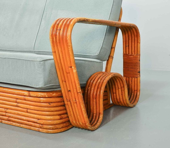 Image 1 of Fabulous Mid-Century Design Six Strand Rectangular Rattan 3-Seat Sofa with Frost Blue Fabric Cushions Attributed to Paul Frankl