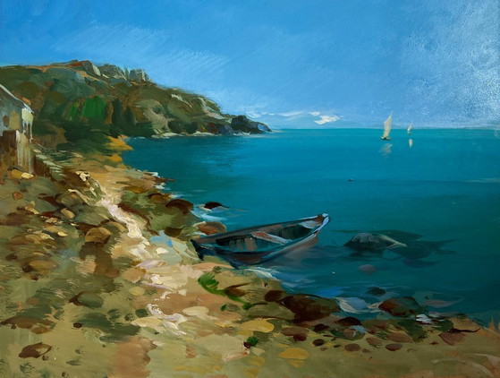 Image 1 of Pintura al óleo original: Paisaje costero marino a través de la inmensidad del mar.