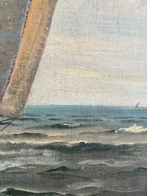 Dipinto a olio vintage firmato, veliero, paesaggio marino – Dipinti e disegni, Canvas (photo 10 of 13)