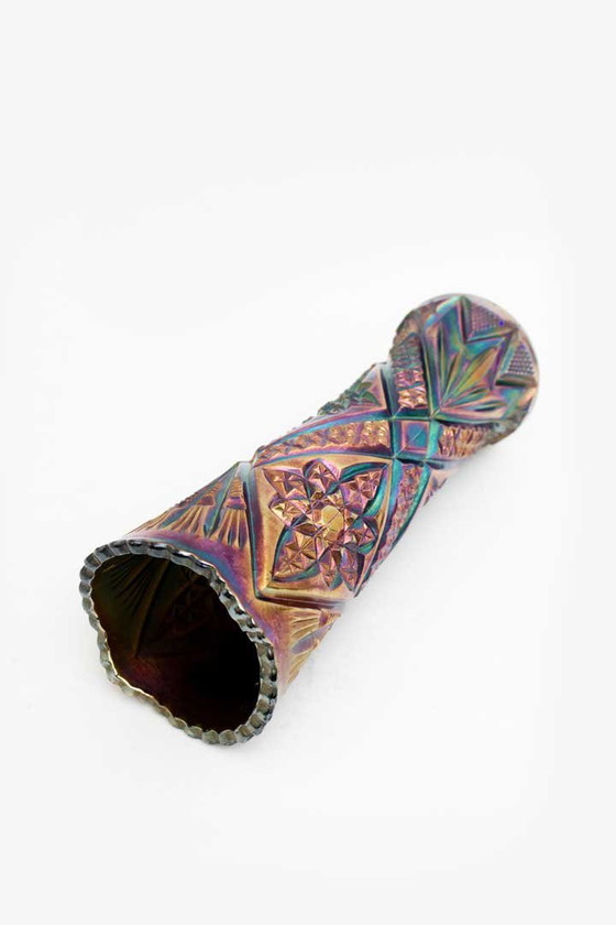 Image 1 of Cylindrical Antique (Circa 1910) Carnival Glass Faceted Vase