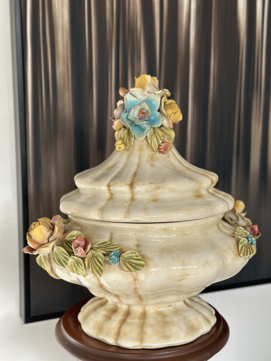Image 1 of Vintage Baroque-Style Ceramic Lidded Bowl with Hand-Applied Flowers