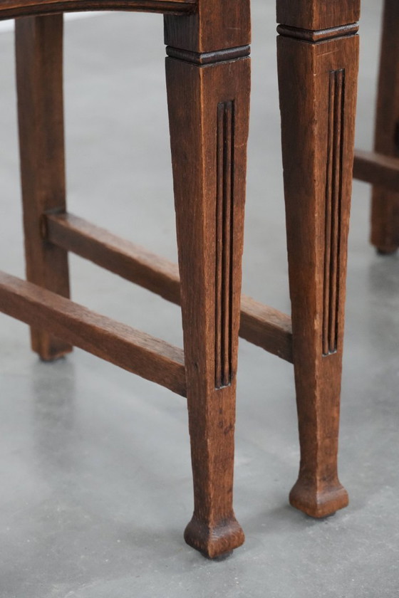 Image 1 of 4 x Antique Oak Dining Chairs in Art Nouveau Style with Cognac-Colored Cowhide Leather