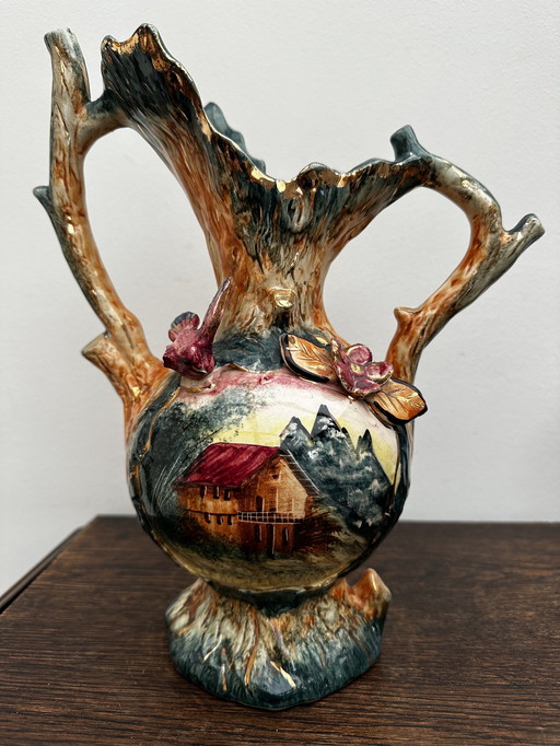 Vintage Barbotine Vase and Country Decor - Belgian Ceramics