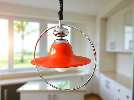 Lampe suspendue à tirette orange brillant, Mid Century, années 1960