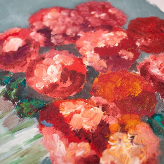 Image 1 of Vintage Still Life of Flowers in a Vase, Oil on Canvas, Unframed