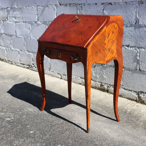 French Vintage Marquetry Secretary Desk-Office Cabinet-Chest of Drawers-Style Louis XV-50s