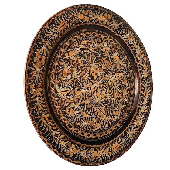 Image 1 of Vintage koperen geëtst Turks sierbord Istanbul bloem Oosters 1970's