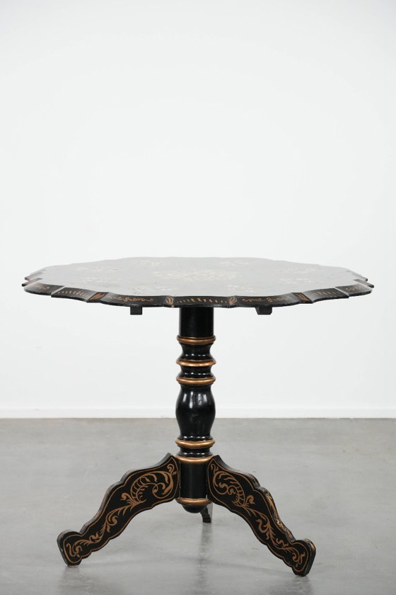 Image 1 of Antique English hand-painted floral tilt-top table from the late 19th century