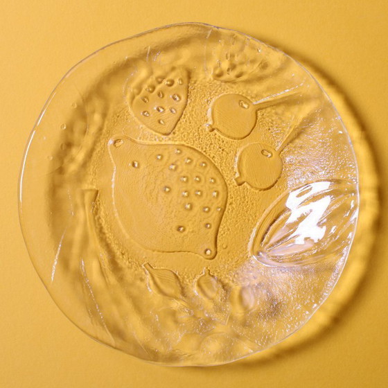 Image 1 of Set of 4 Kosta Boda Tropic Glass Dessert Plates, Scandinavian Fruit Design / 1989