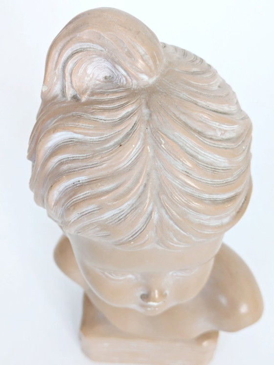 Image 1 of Vintage Young Girl Bust on Pedestal, After Salvatore Melani, Glazed Plaster Terracotta Patina, Signed