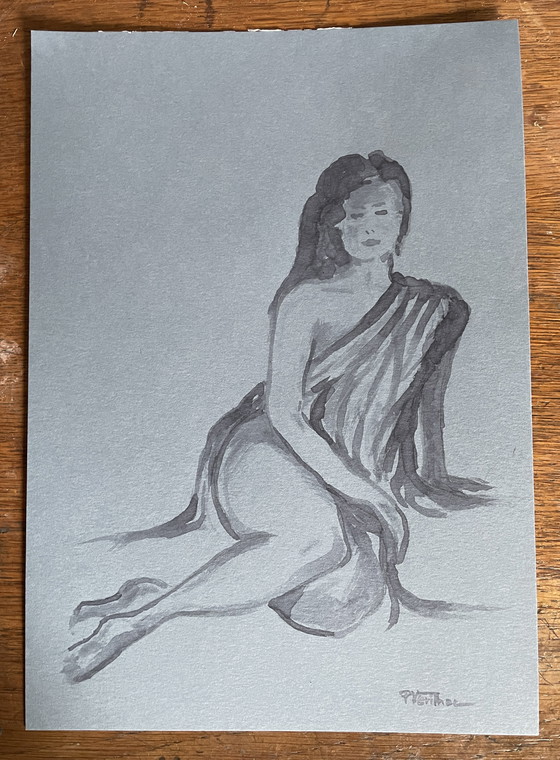 Image 1 of Aquarelle Monochrome sur Papier Denim - Portrait Féminin