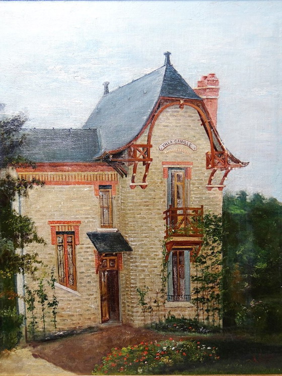Image 1 of Grand tableau "Villa Camille" ancien années 40-60 huile sur toile signé M.Lesoll