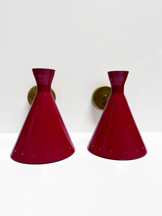 Coppia di Applique italiane di design 1950, Ottone, Rosso (foto 5 di 11)