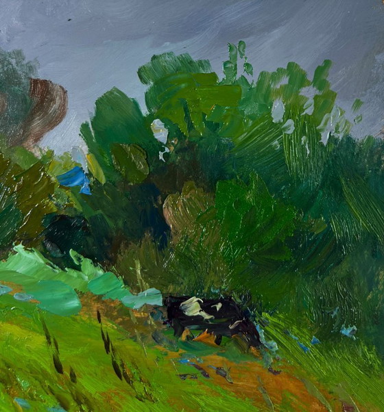 Image 1 of Original Oil Painting Summer Nature Landscape Cows In A Flower Field