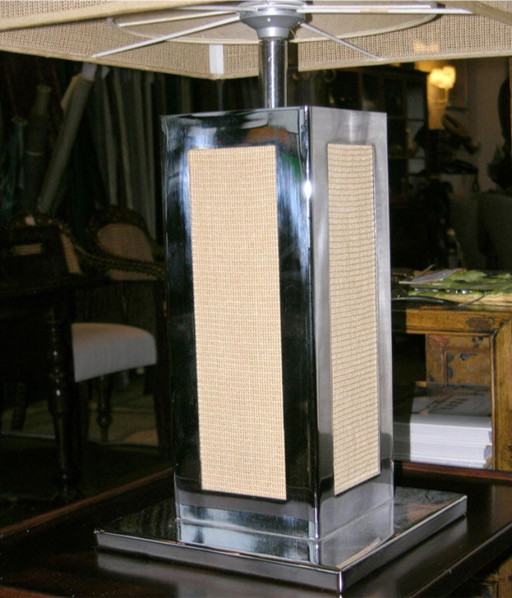 Lampada da tavolo in cromo e canna degli anni '70