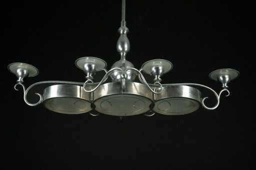 Lampadario italiano Art Déco in nichel, ottone e vetro satinato, anni '30.