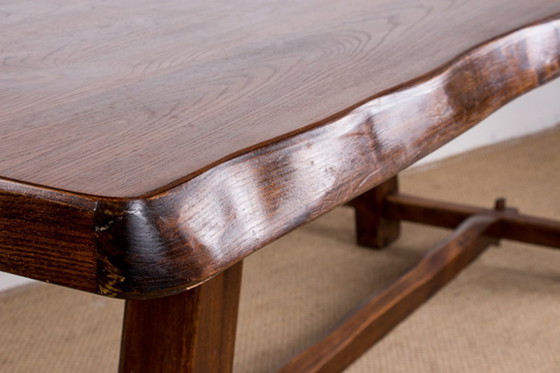 Image 1 of Large Brutalist style dining table, farmhouse style, in solid elm in the style of Olavi Hanninen 1960.
