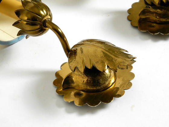 Image 1 of Two beautiful original Mid Century Modern floral wall lamps made of brass with high-quality lampshades