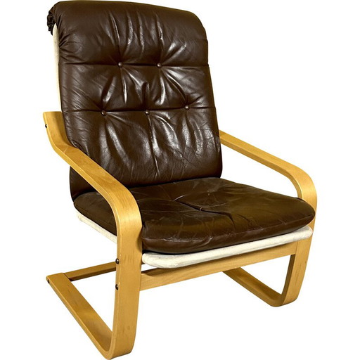 Poltrona vintage scandinava in legno e pelle, anni '70
