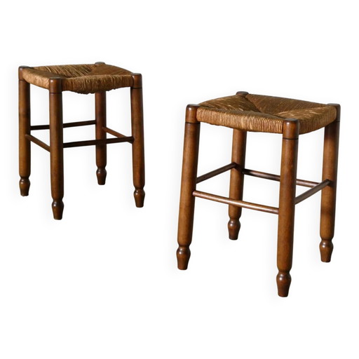 Paar Hocker aus Holz und Stroh, 1960