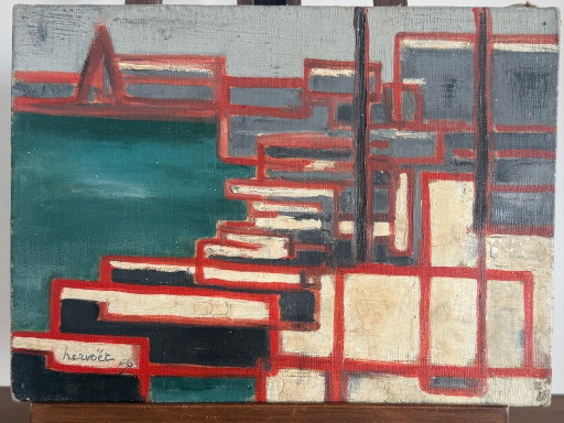 Abstract Oil Painting on Canvas, 1956, Signed Hervoët – schilderijen tekeningen, Wood (photo 2 of 7)