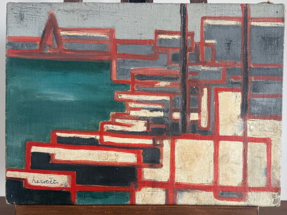 Abstract Oil Painting on Canvas, 1956, Signed Hervoët – Paintings & Drawings, Wood (photo 2 of 7)