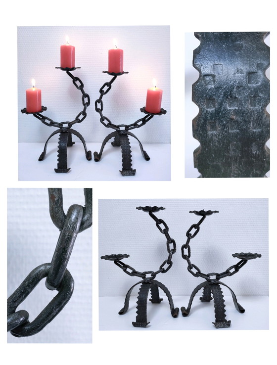 Image 1 of Pair of Brutalist Chain Candleholders Wrought Iron 60s