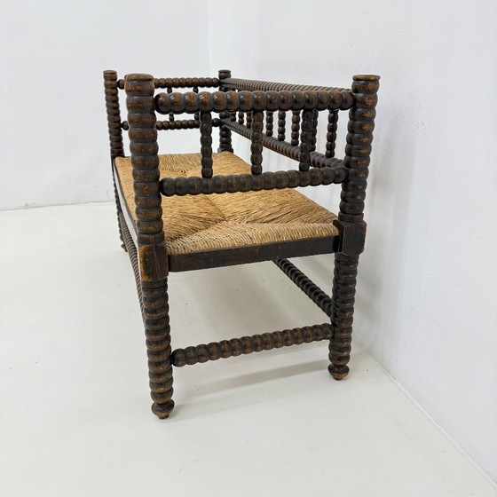 Wooden bench with bobbin legs and rush seat, Benches, Other, Brown, Vintage (photo 8 of 13)