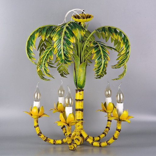 Vintage palm tree chandelier – faux bamboo, metal, 5 arms – tropical Hollywood Regency design