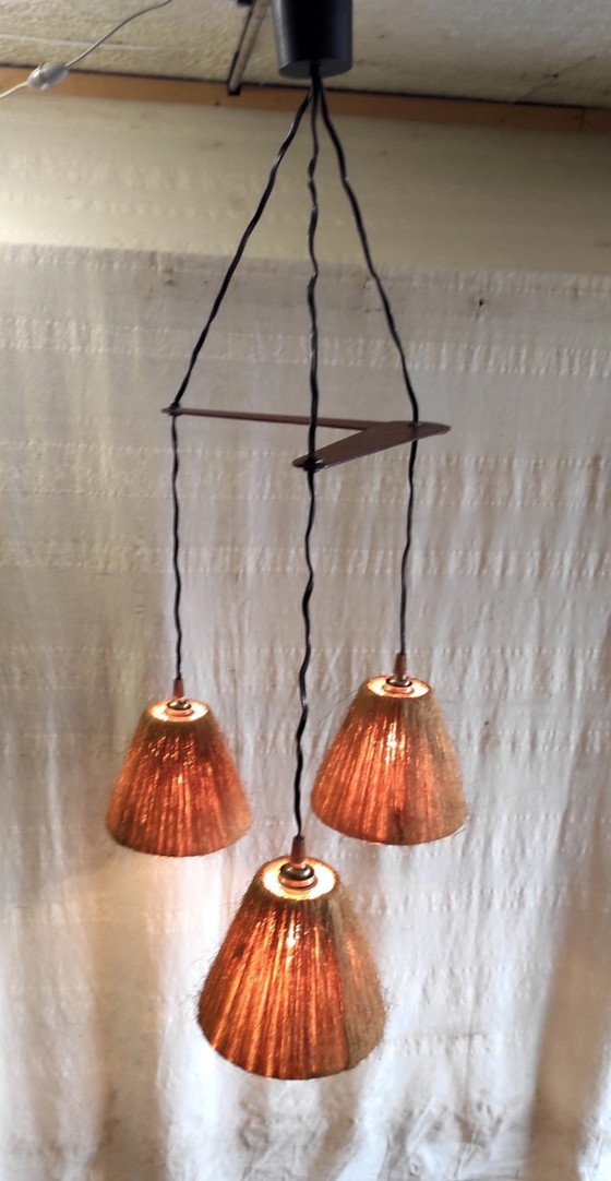 Image 1 of Hanglamp met drie lichtpunten in Scandinavische stijl, gemaakt van teak en sisal - jaren 60/70