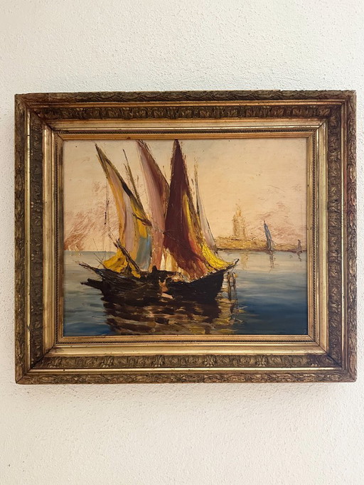 Very early Impressionist oil painting of a Mediterranean port