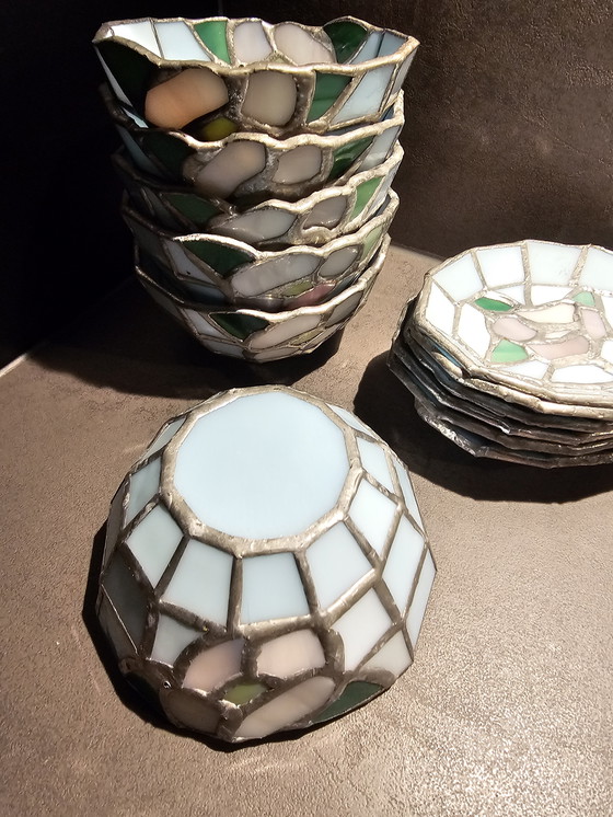 Image 1 of Vintage Tiffany Style – Glas-in-lood set van 6 kopjes & schoteltjes