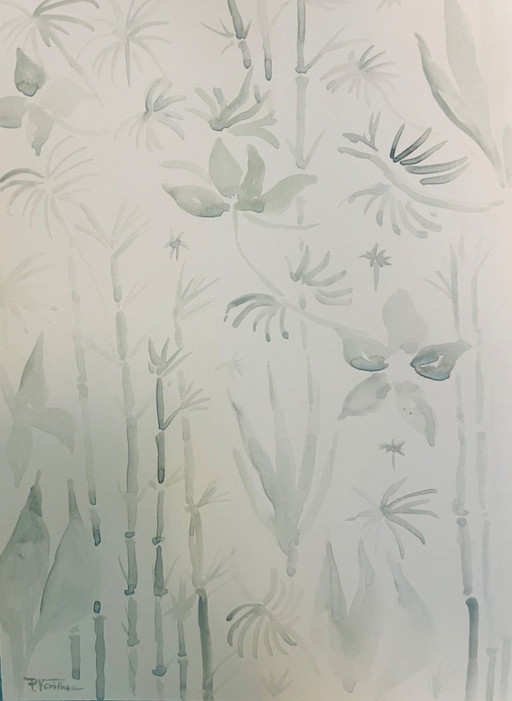 Signed monochrome sage green watercolor "jungle" landscape