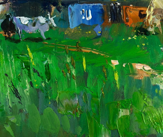 Image 1 of Original Oil Painting Summer Village Landscape Rural idyll with huts and cattle