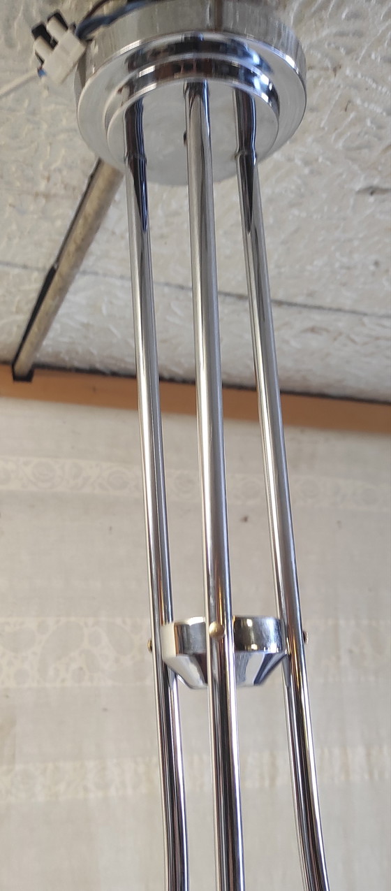 Image 1 of Bauhaus design 3-light chandelier in chromed metal and opaline glass - 1930s/40s