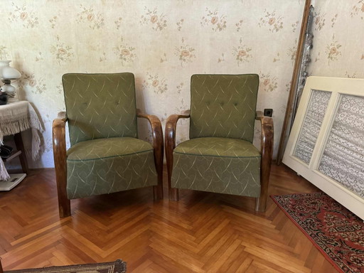 Chaises & fauteuils Art Déco avec accoudoirs en bois courbés, années 1930, lot de 2