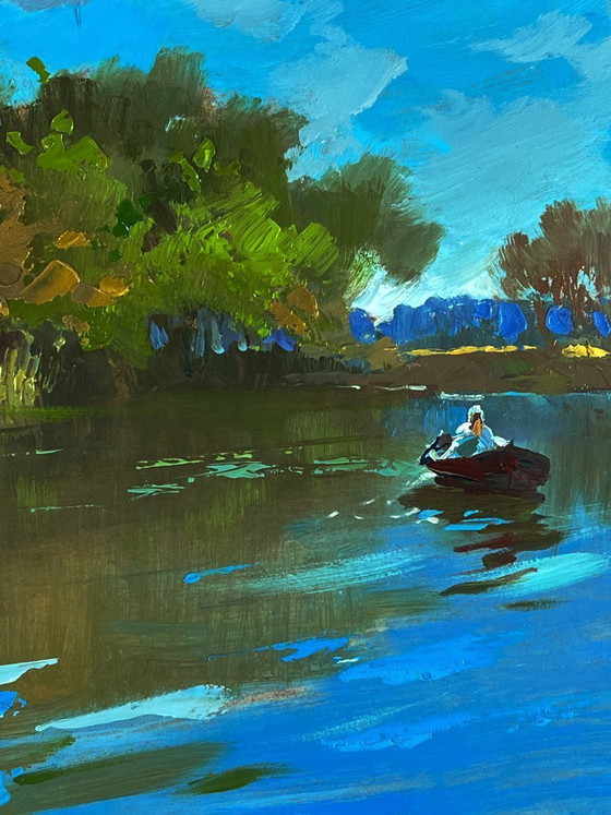 Image 1 of Peinture à l'huile originale, paysage naturel, collines d'été, bateaux sur la rivière