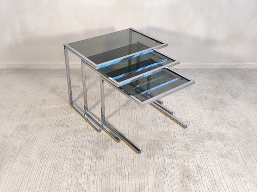😍✨ Set of 3 vintage chrome and smoked glass nesting tables, Roche Bobois / Guy Lefèvre style – 1970s ✨😍