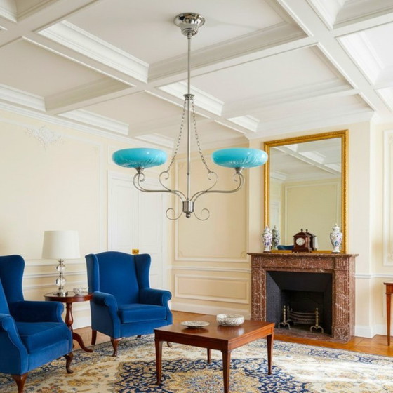 Image 1 of Grand lustre Art déco avec éclairage indirect et abat-jour en verre opalin bleu