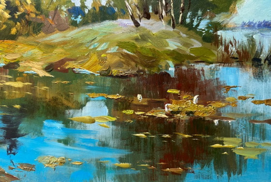 Image 1 of Original Oil Painting Summer Coastal Landscape The river washes the forest