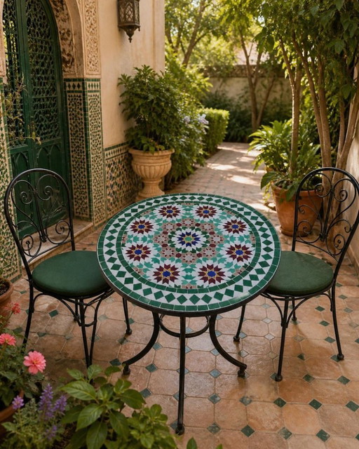 Handmade Moroccan Mosaic Table – Colorful Zellige Tile Patio Table with Iron Chairs Set